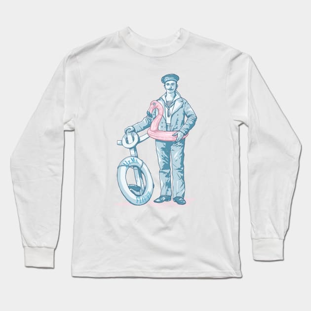 Sailor with inflatable flamingo swim ring Long Sleeve T-Shirt by jurjenbertens